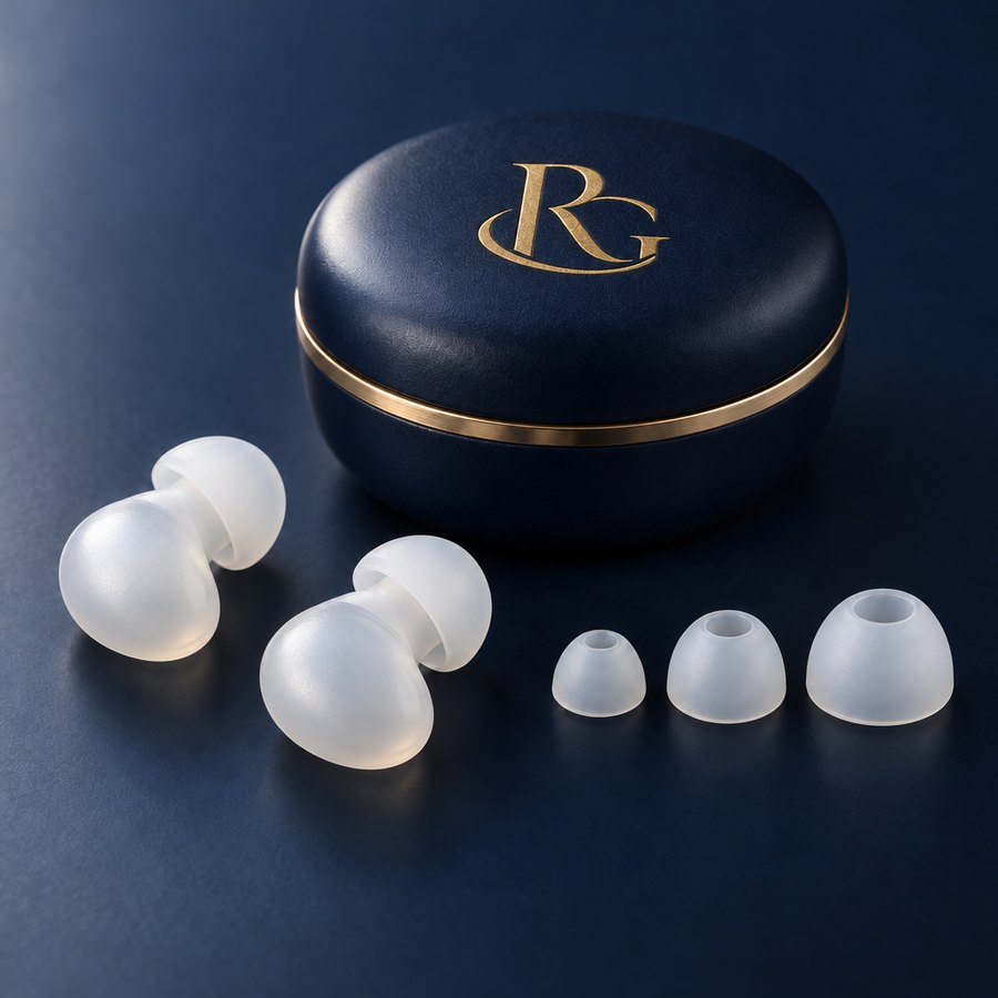Soft silicone sleep earplugs with spare tips in front of a navy carry case