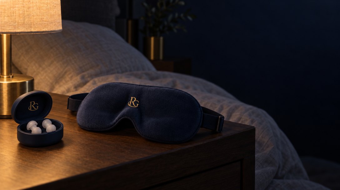 Navy contoured sleep mask and silicone sleep earplugs in their case on a bedside table at night
